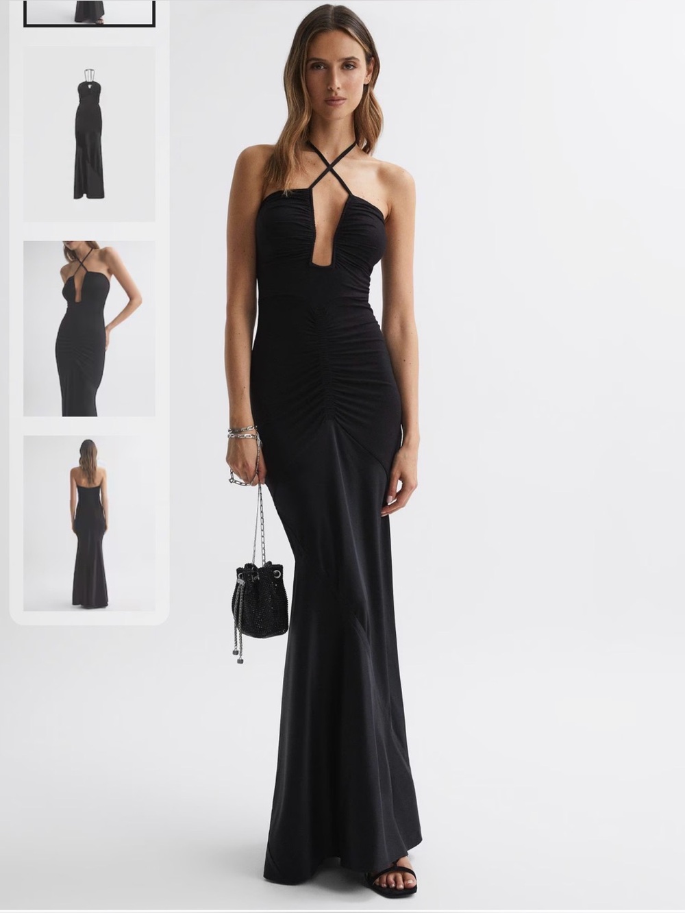 REISS Thalia Fitted Plunge Neck Satin Maxi Dress in Black size 6